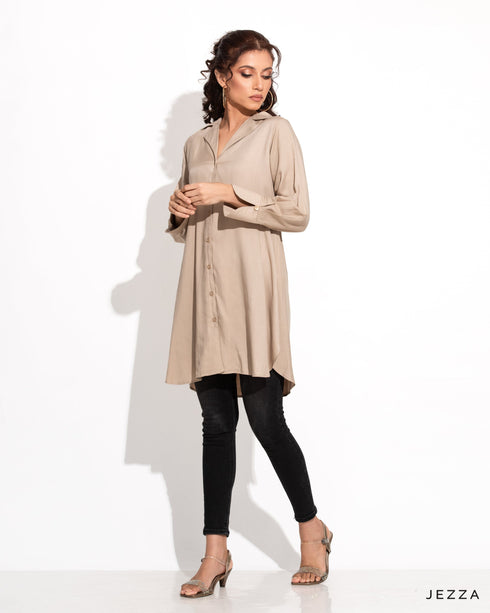 Button Down Below Hip Top With Lapel Collar 58361