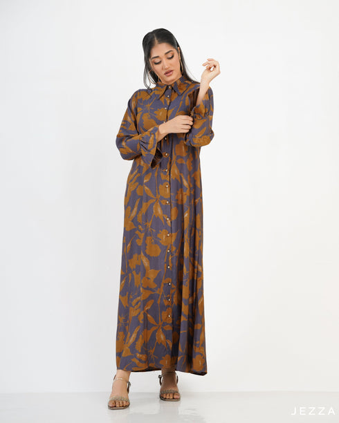 Printed Polyester Button Down A Line Dress 57422