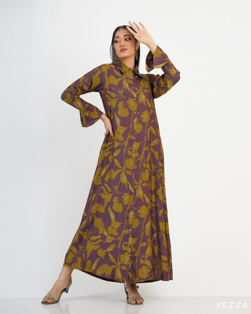 Printed Polyester Button Down A Line Dress 57421