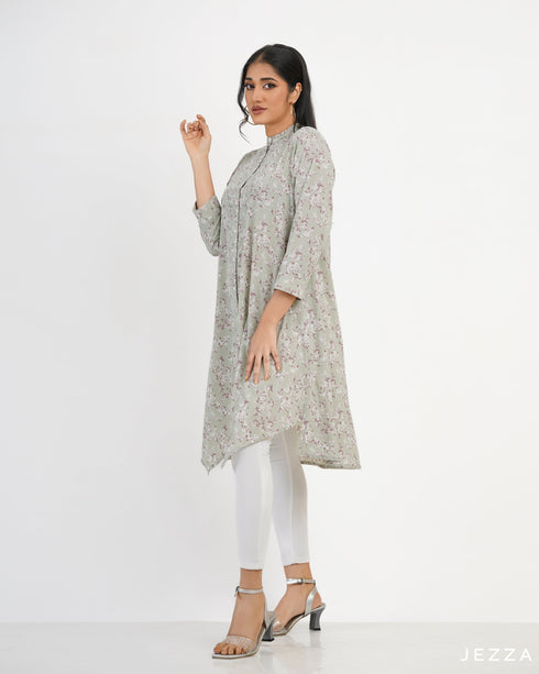 Printed Button Down Top With Decorative Hem 57871