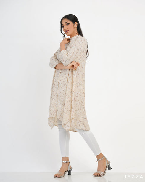 Printed Button Down Top With Decorative Hem 57872